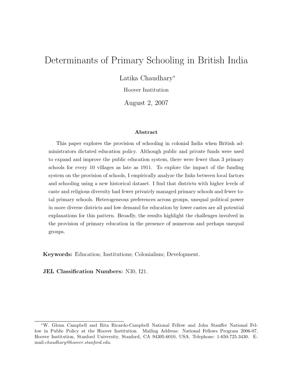 Determinants of Primary Schooling in British India