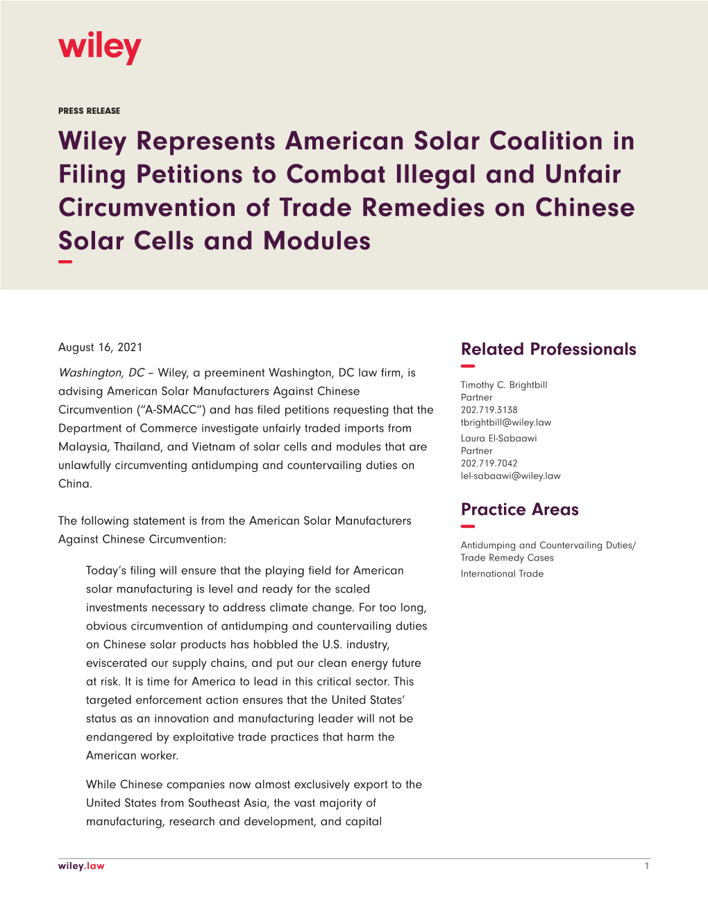 Wiley Represents American Solar Coalition in Filing Petitions to Combat Illegal and Unfair Circumvention of Trade Remedies on Chinese Solar Cells and Modules −