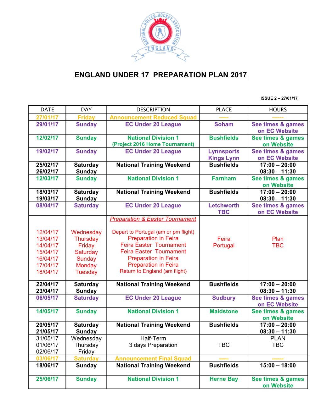 England Seniors Preparation Plan 2005