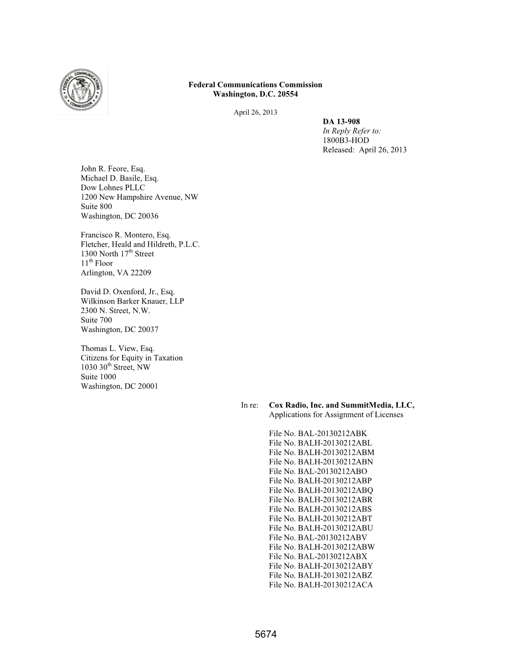 Federal Communications Commission Washington, D.C. 20554 DA 13-908 in Reply Refer To: 1800B3-HOD Released: April 26, 2013 John R