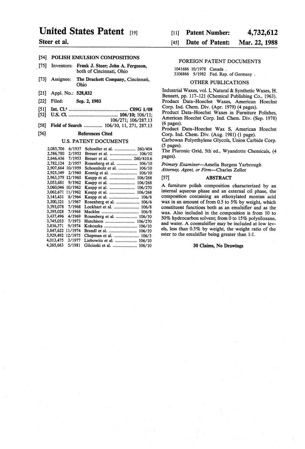 United States Patent (19) 11 Patent Number: 4,732,612 Steer Et Al