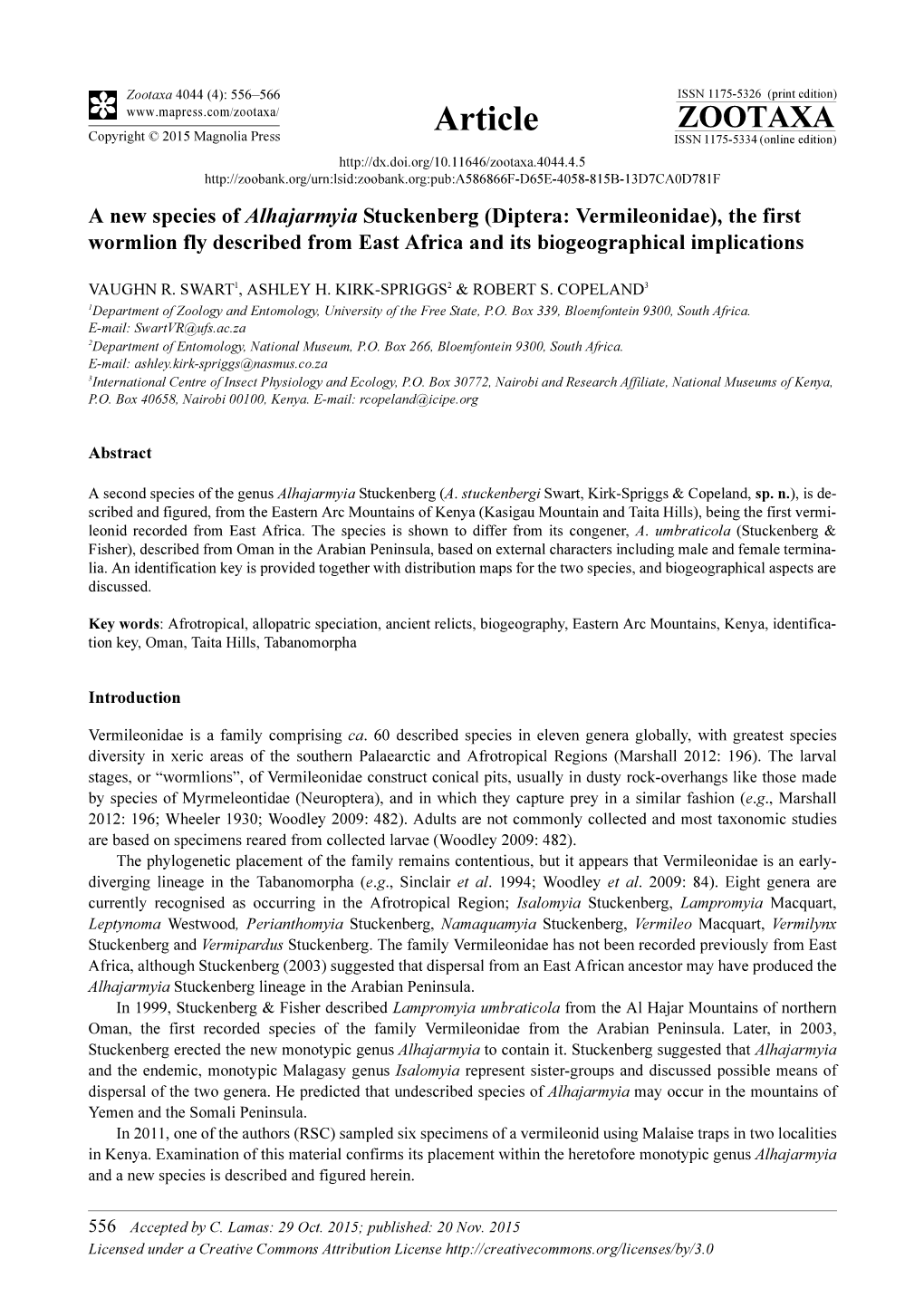 A New Species of Alhajarmyia Stuckenberg (Diptera: Vermileonidae), the First Wormlion Fly Described from East Africa and Its Biogeographical Implications