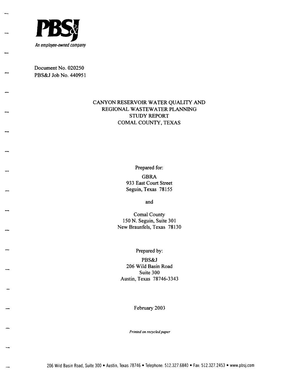 An Employee-Owned Company Document No. 020250 PBS&J Job No. 440951 CANYON RESERVOIR WATER QUALITY and REGIONAL WASTEWATER PL