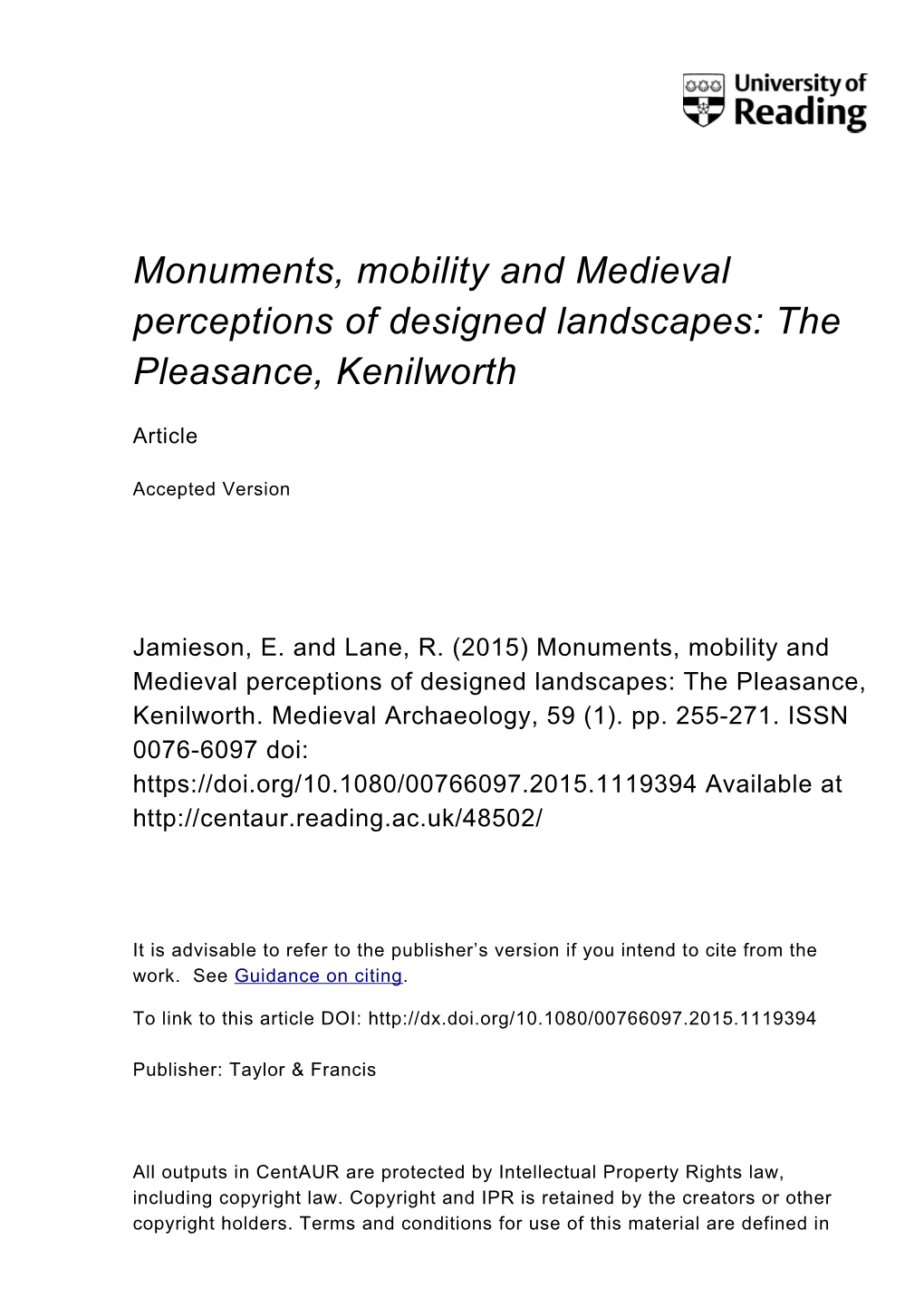 Monuments, Mobility and Medieval Perceptions of Designed Landscapes: the Pleasance, Kenilworth