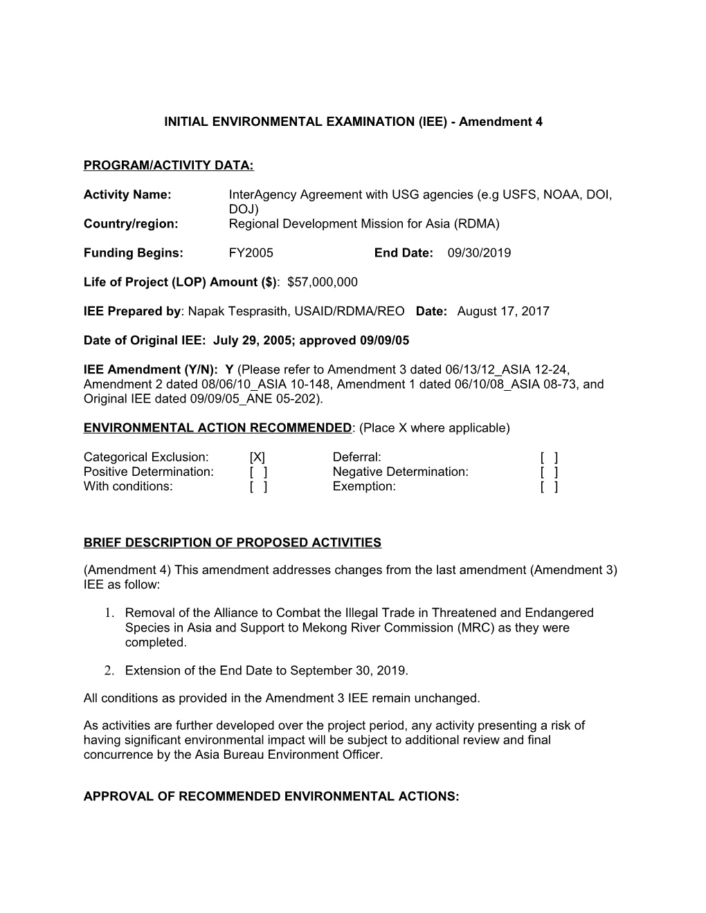 INITIAL ENVIRONMENTAL EXAMINATION (IEE) - Amendment 4