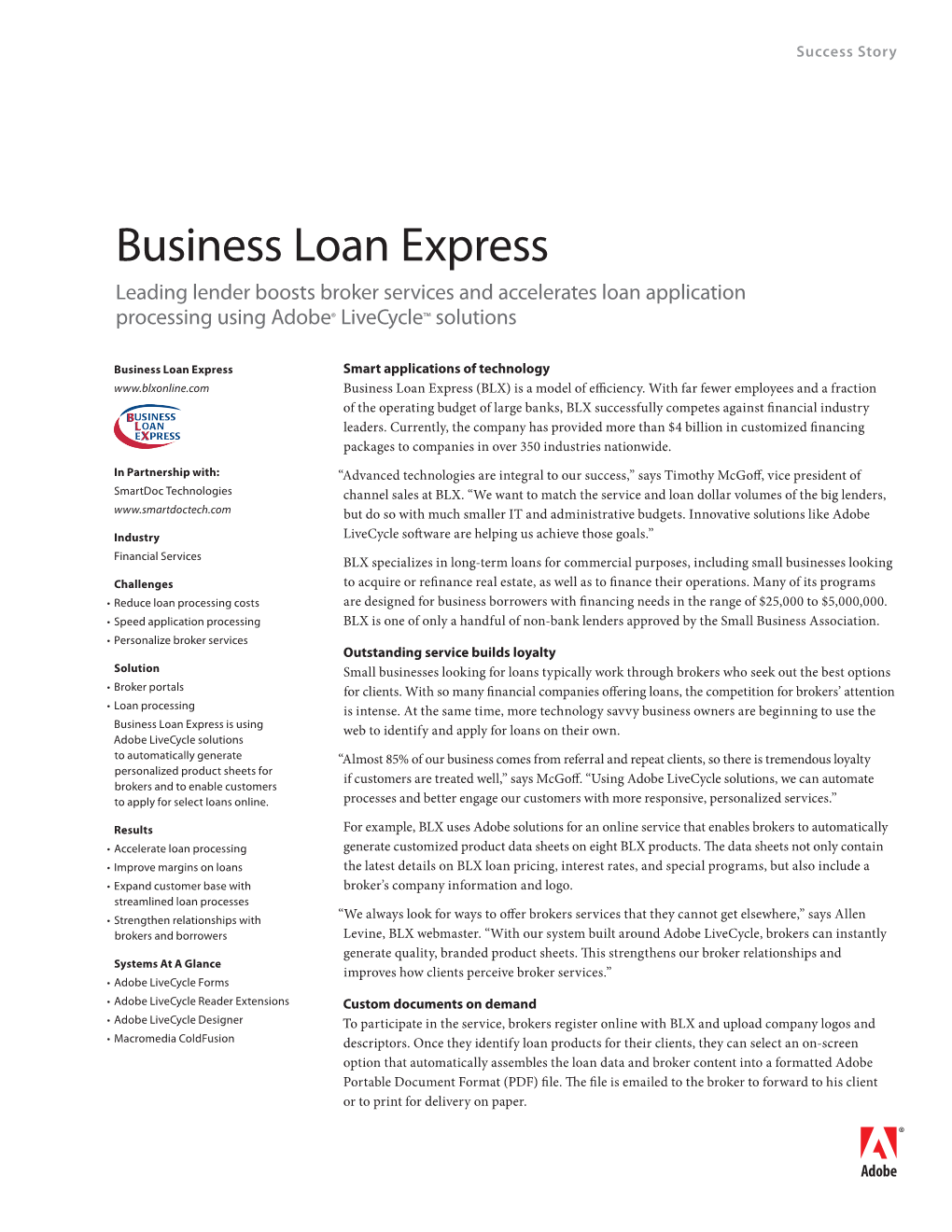 Business Loan Express Leading Lender Boosts Broker Services and Accelerates Loan Application Processing Using Adobe® Livecycle™ Solutions