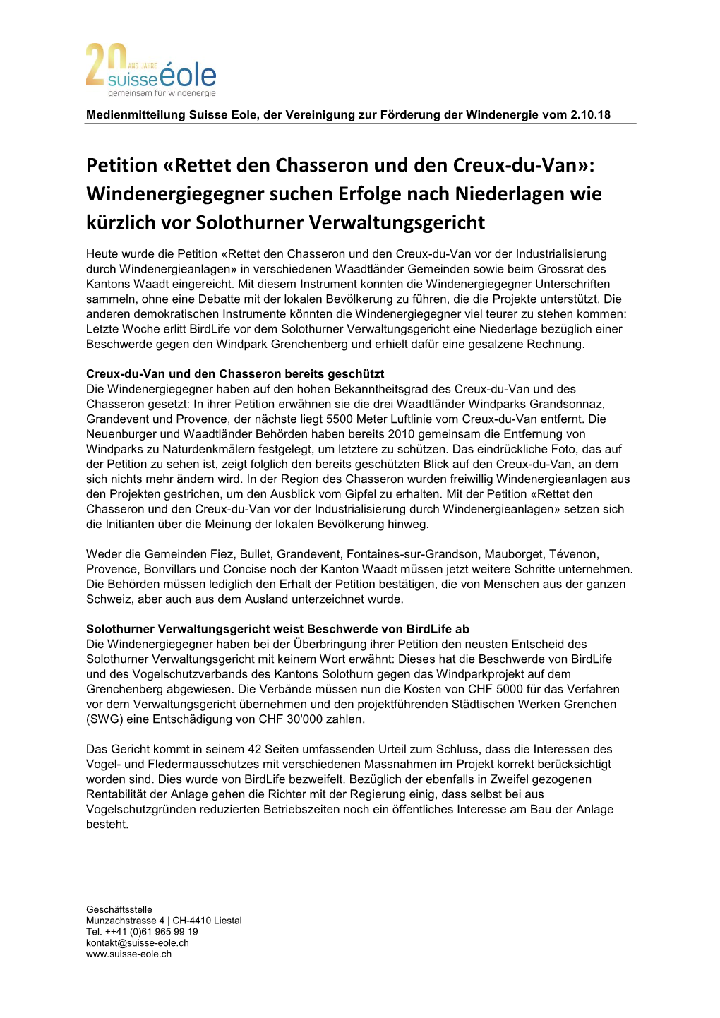 Petition «Rettet Den Chasseron Und Den Creux-Du-Van»: Windenergiegegner Suchen Erfolge Nach Niederlagen Wie Kürzlich Vor Solothurner Verwaltungsgericht