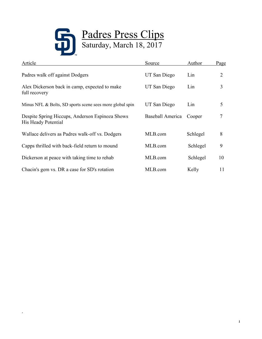 Padres Press Clips Saturday, March 18, 2017