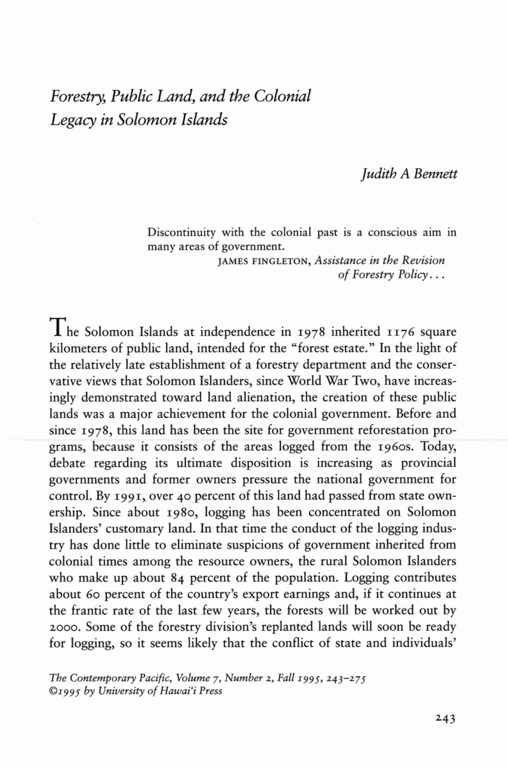 Forestry, Public Land, and the Colonial Legacy in Solomon Islands