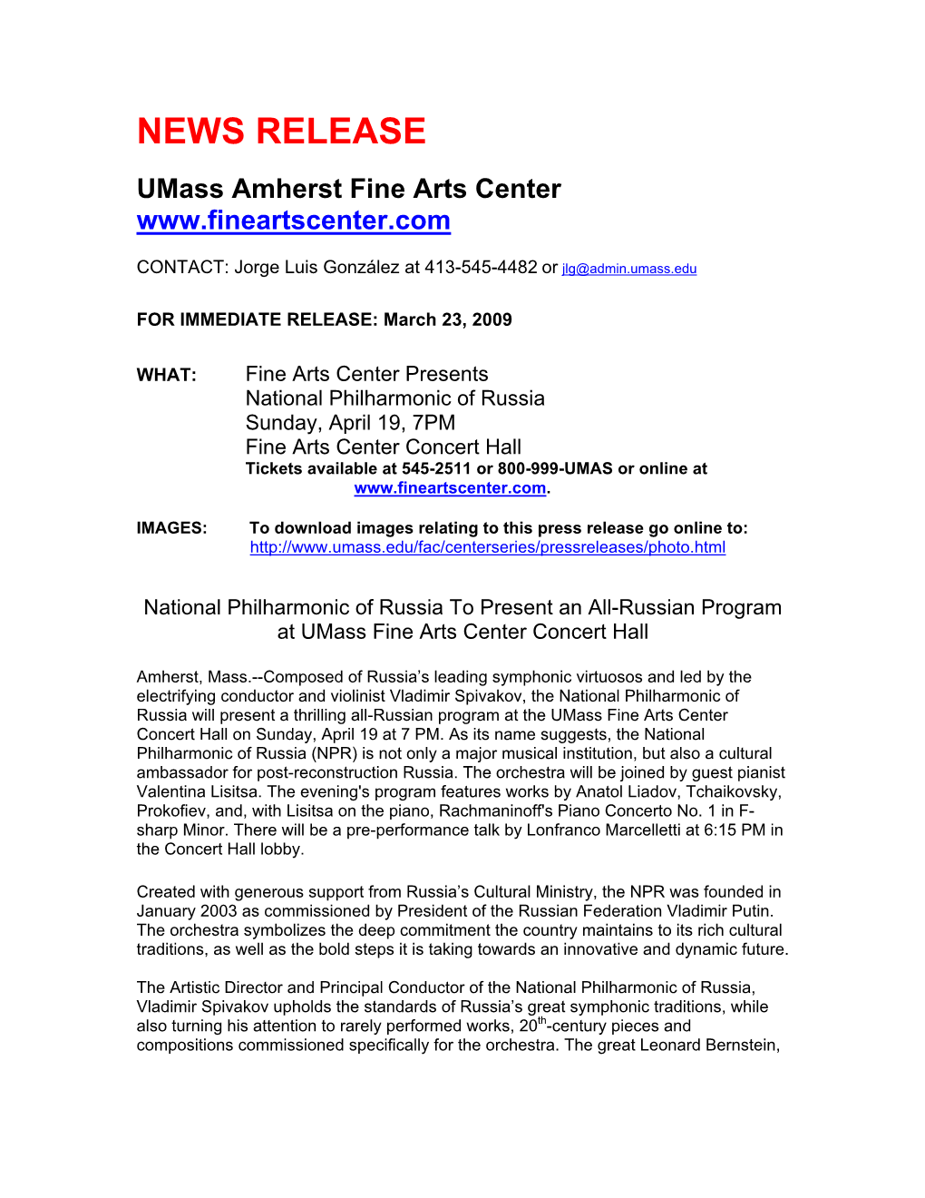 NEWS RELEASE Umass Amherst Fine Arts Center