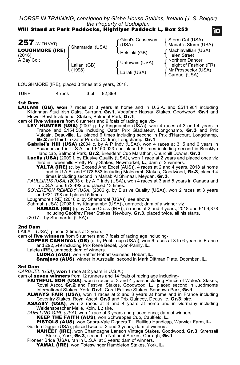 HORSE in TRAINING, Consigned by Glebe House Stables, Ireland (J. S. Bolger) the Property of Godolphin Will Stand at Park Paddocks, Highflyer Paddock L, Box 253