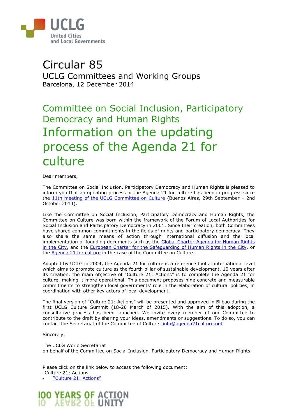 Information on the Updating Process of the Agenda 21 for Culture