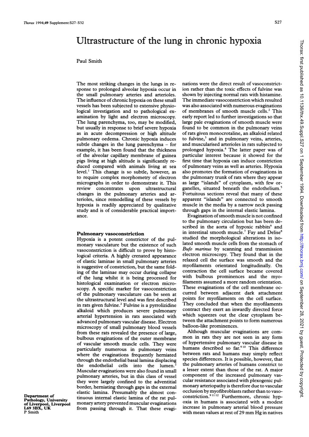 Ultrastructure of the Lung in Chronic Hypoxia Thorax: First Published As 10.1136/Thx.49.Suppl.S27 on 1 September 1994