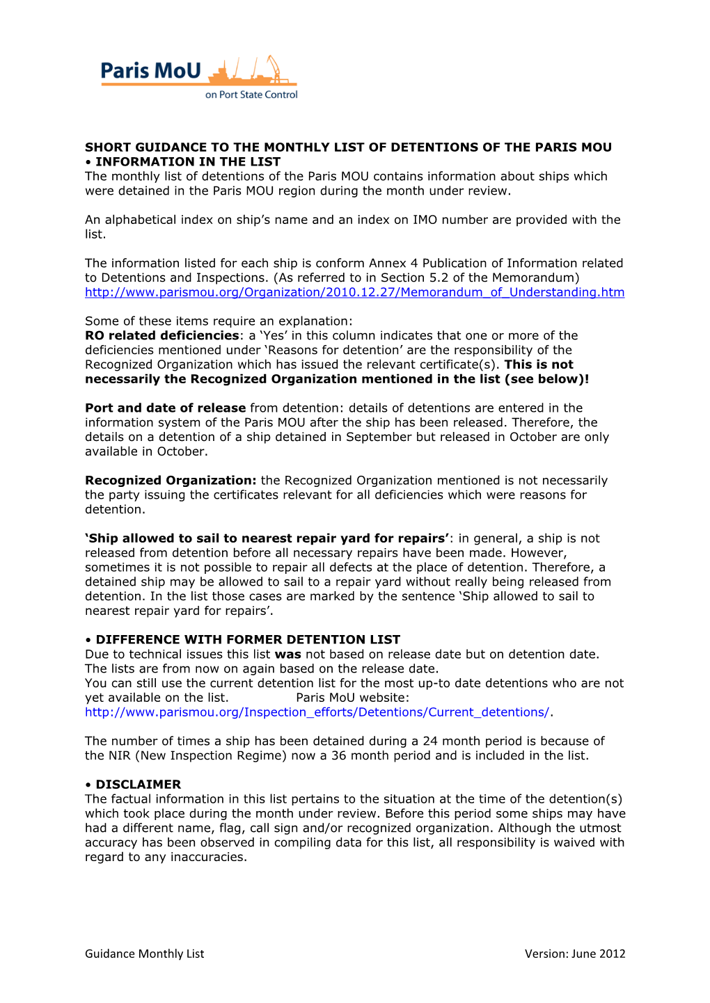 Guidance Monthly List Version: June 2012 Paris Memorandum of Understanding on Port State Control