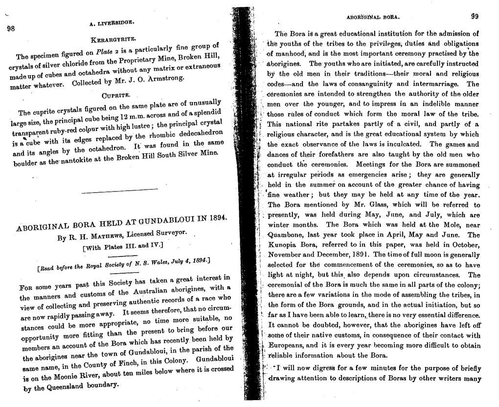 “Aboriginal Bora Held at Gundabloui in 1894” in Journal And