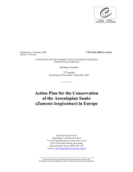 Action Plan for the Conservation of the Aesculapian Snake (Zamenis Longissimus) in Europe