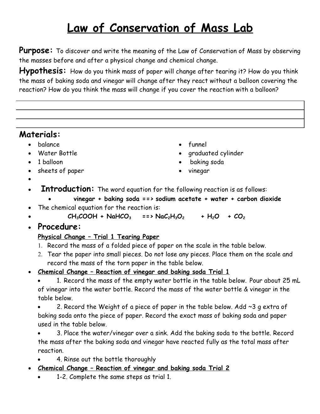 Law of Conservation of Mass Lab s1