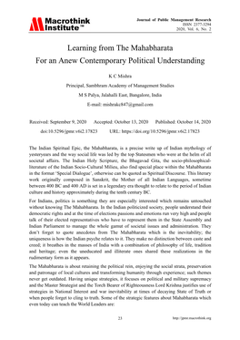 Learning from the Mahabharata for an Anew Contemporary Political Understanding