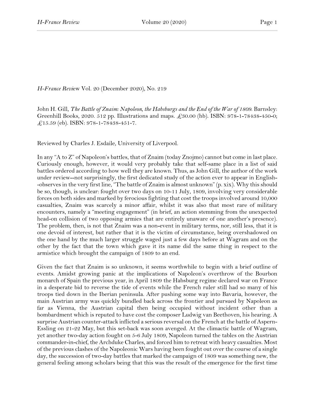 H-France Review Vol. 20 (December 2020), No. 219 John H. Gill, the Battle of Znaim