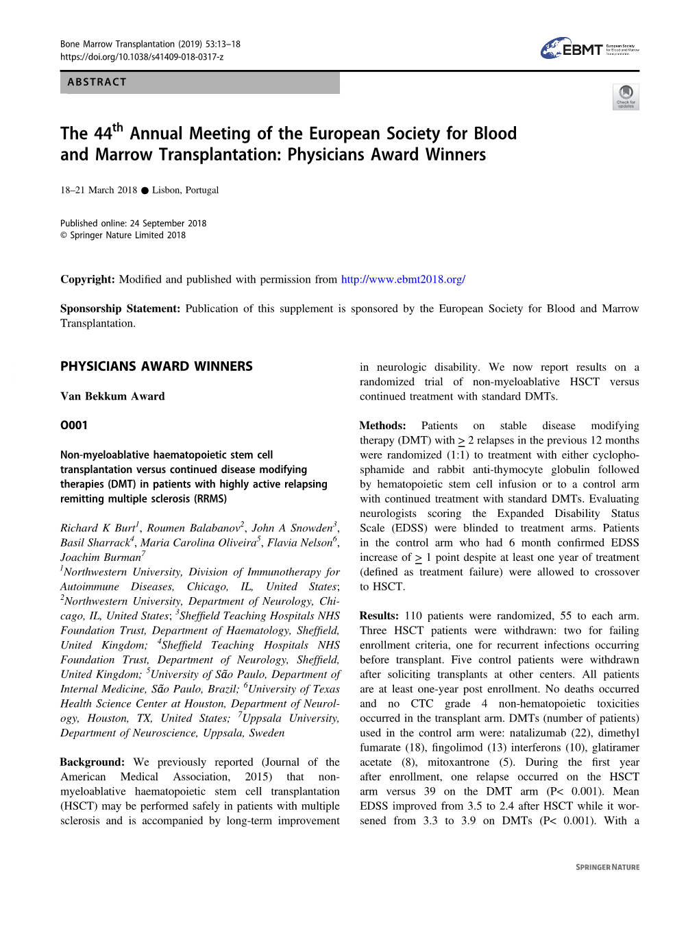 The 44Th Annual Meeting of the European Society for Blood and Marrow Transplantation: Physicians Award Winners