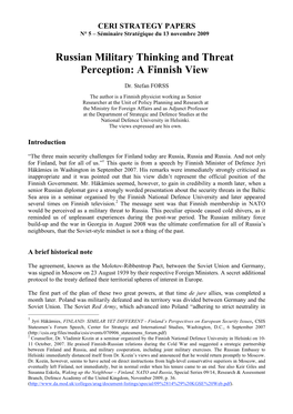 Russian Military Thinking and Threat Perception: a Finnish View