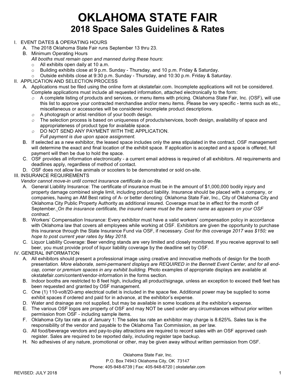 OKLAHOMA STATE FAIR 2018 Space Sales Guidelines & Rates