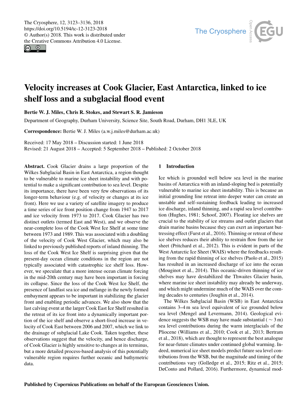 Velocity Increases at Cook Glacier, East Antarctica, Linked to Ice Shelf Loss and a Subglacial ﬂood Event