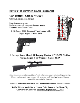 Raffles for Summer Youth Programs: Gun Raffles: $10 Per Ticket