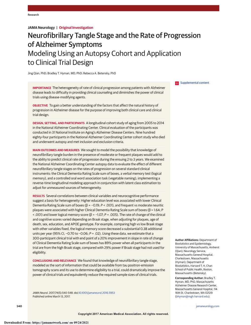 Neurofibrillary Tangle Stage and the Rate of Progression of Alzheimer Symptoms Modeling Using an Autopsy Cohort and Application to Clinical Trial Design