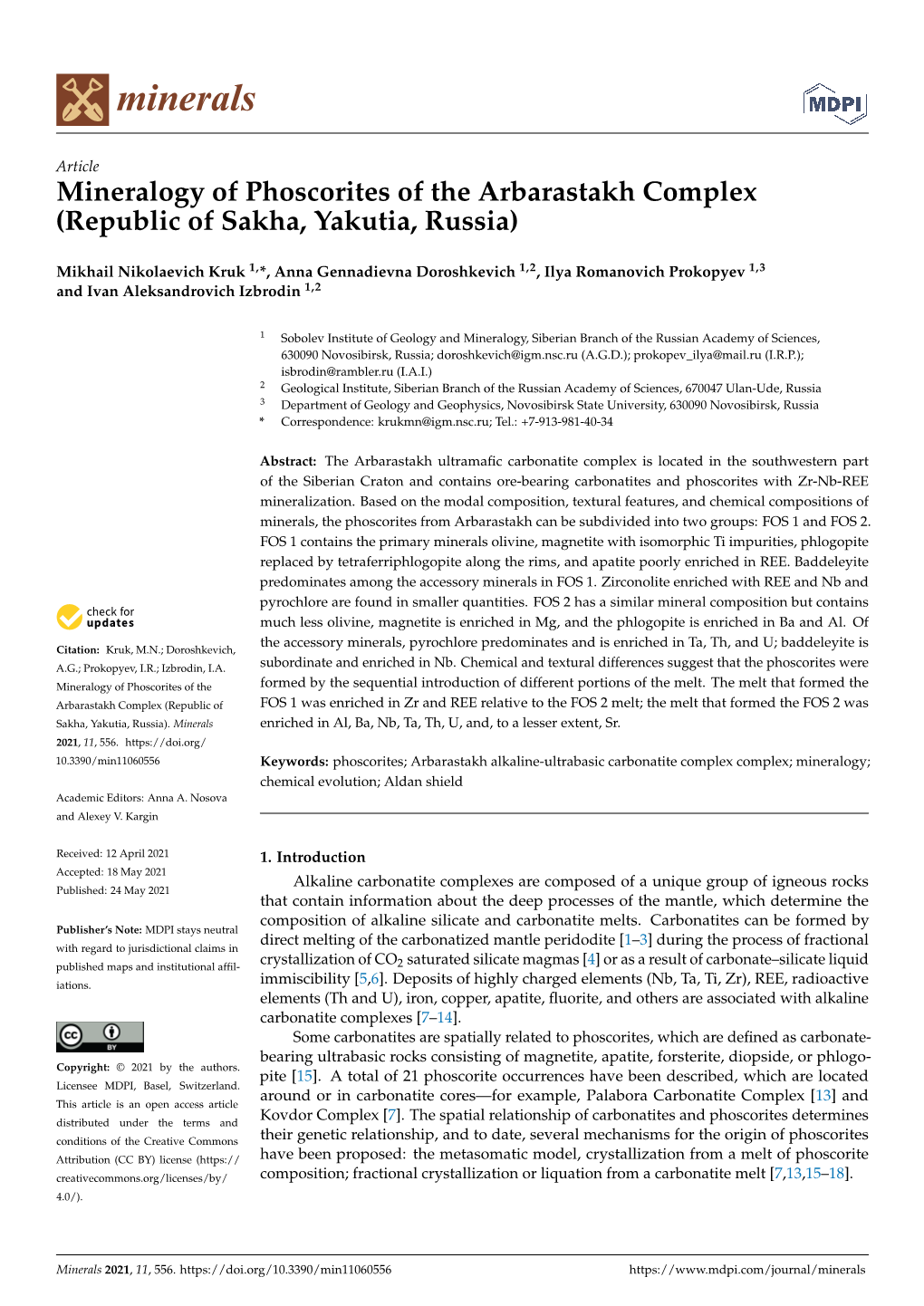 Mineralogy of Phoscorites of the Arbarastakh Complex (Republic of Sakha, Yakutia, Russia)