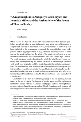 'A Great Insight Into Antiquity': Jacob Bryant and Jeremiah Milles and the Authenticity of the Poems of Thomas Rowley
