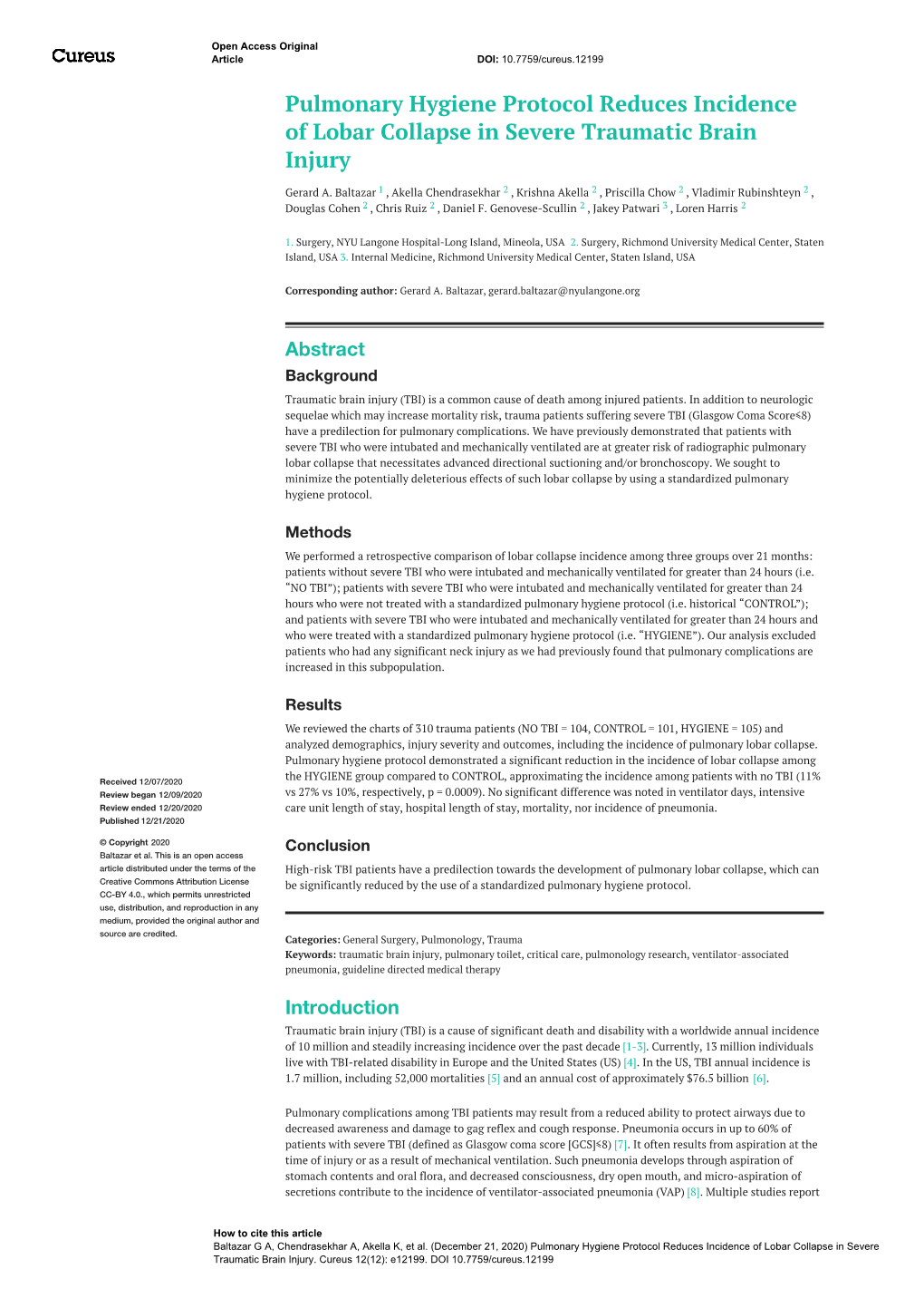 Pulmonary Hygiene Protocol Reduces Incidence of Lobar Collapse in Severe Traumatic Brain Injury