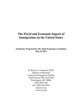 The Fiscal and Economic Impact of Immigration on the United States