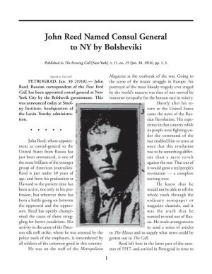 John Reed Named Consul General to NY by Bolsheviki