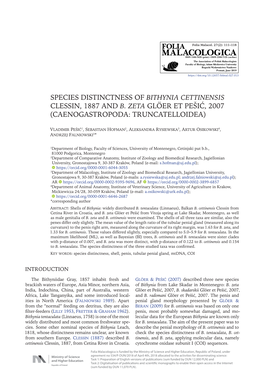 Species Distinctness of Bithynia Cettinensis Clessin, 1887 and B