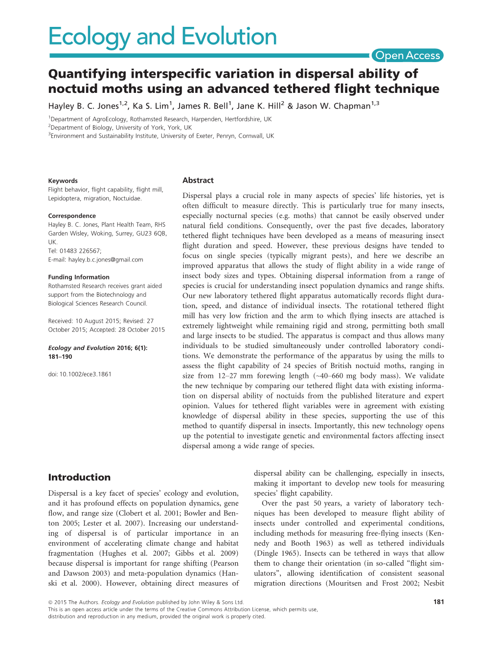 Quantifying Interspecific Variation in Dispersal Ability of Noctuid Moths Using an Advanced Tethered Flight Technique