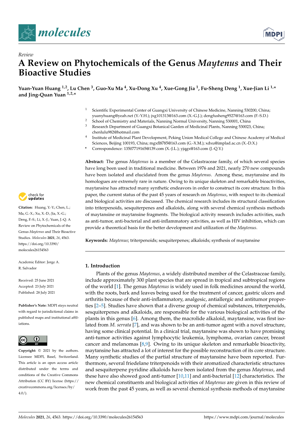 A Review on Phytochemicals of the Genus Maytenus and Their Bioactive Studies