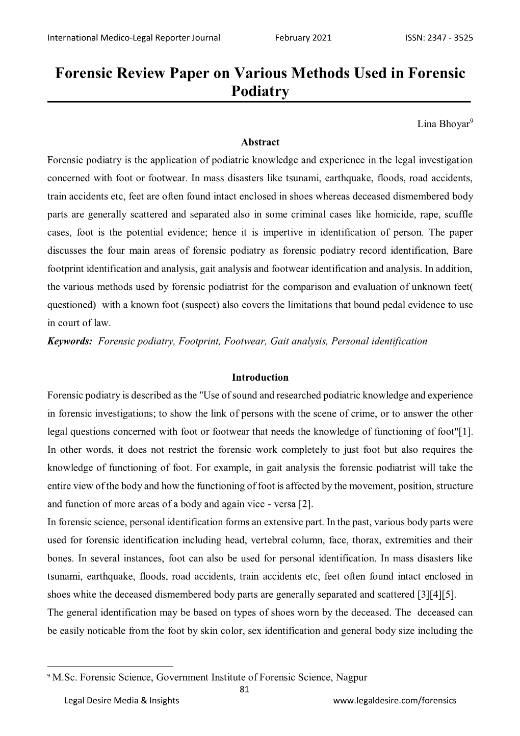 Forensic Review Paper on Various Methods Used in Forensic Podiatry