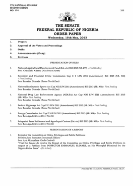 FEDERAL REPUBLIC of NIGERIA ORDER PAPER Wednesday, 15Th May, 2013 1