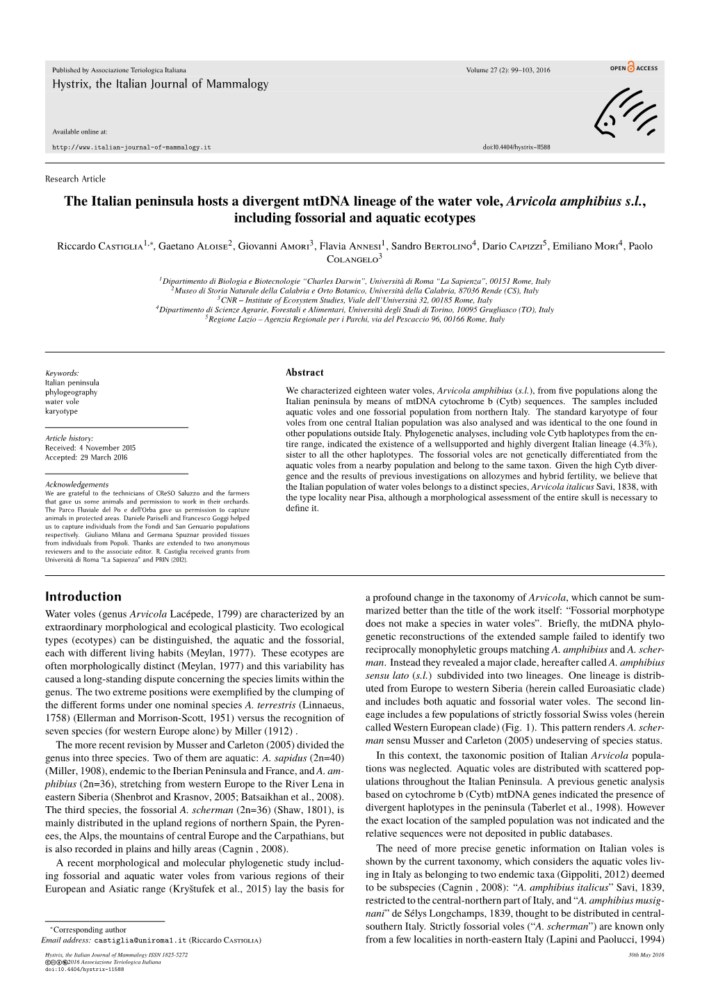 The Italian Peninsula Hosts a Divergent Mtdna Lineage of the Water Vole, Arvicola Amphibius S.L., Including Fossorial and Aquatic Ecotypes