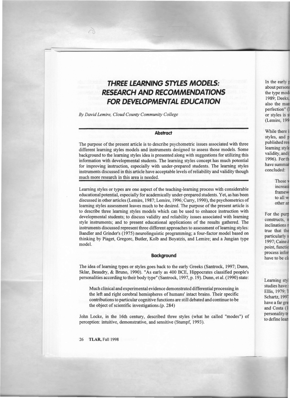 Three Learning Styles Models: Research and Recommendations Fordevropmentaleducation