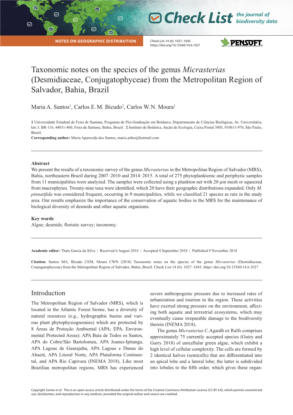 Taxonomic Notes on the Species of the Genus Micrasterias (Desmidiaceae, Conjugatophyceae) from the Metropolitan Region of Salvador, Bahia, Brazil