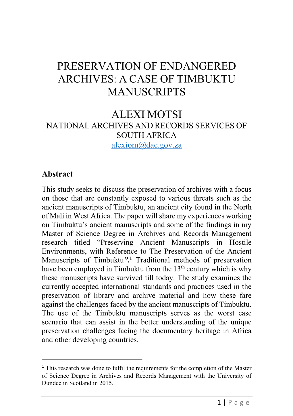 Preservation of Endangered Archives: a Case of Timbuktu Manuscripts