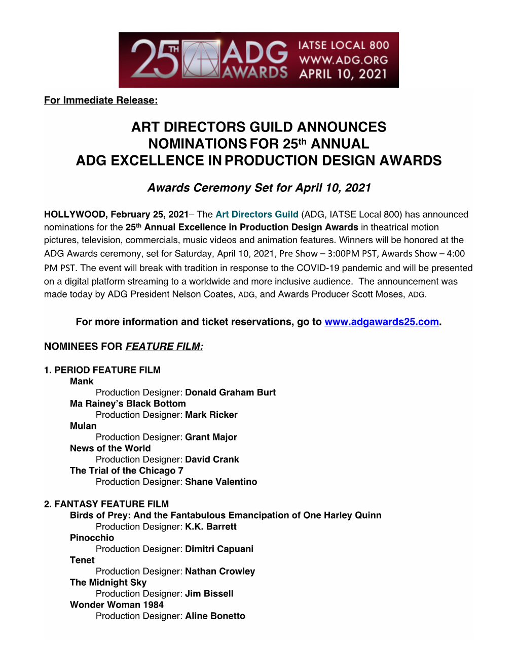 Art Directors Guild Announces Nominationsfor