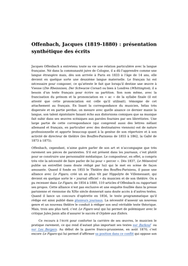 Offenbach, Jacques (1819-1880) : Présentation Synthétique Des Écrits