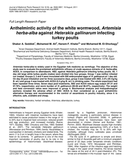 Anthelmintic Activity of the White Wormwood, Artemisia Herba-Alba