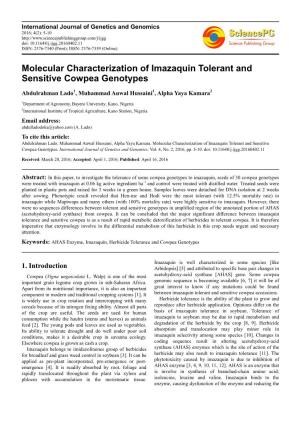 Molecular Characterization of Imazaquin Tolerant and Sensitive Cowpea Genotypes