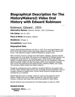 Biographical Description for the Historymakers® Video Oral History with Edward Robinson