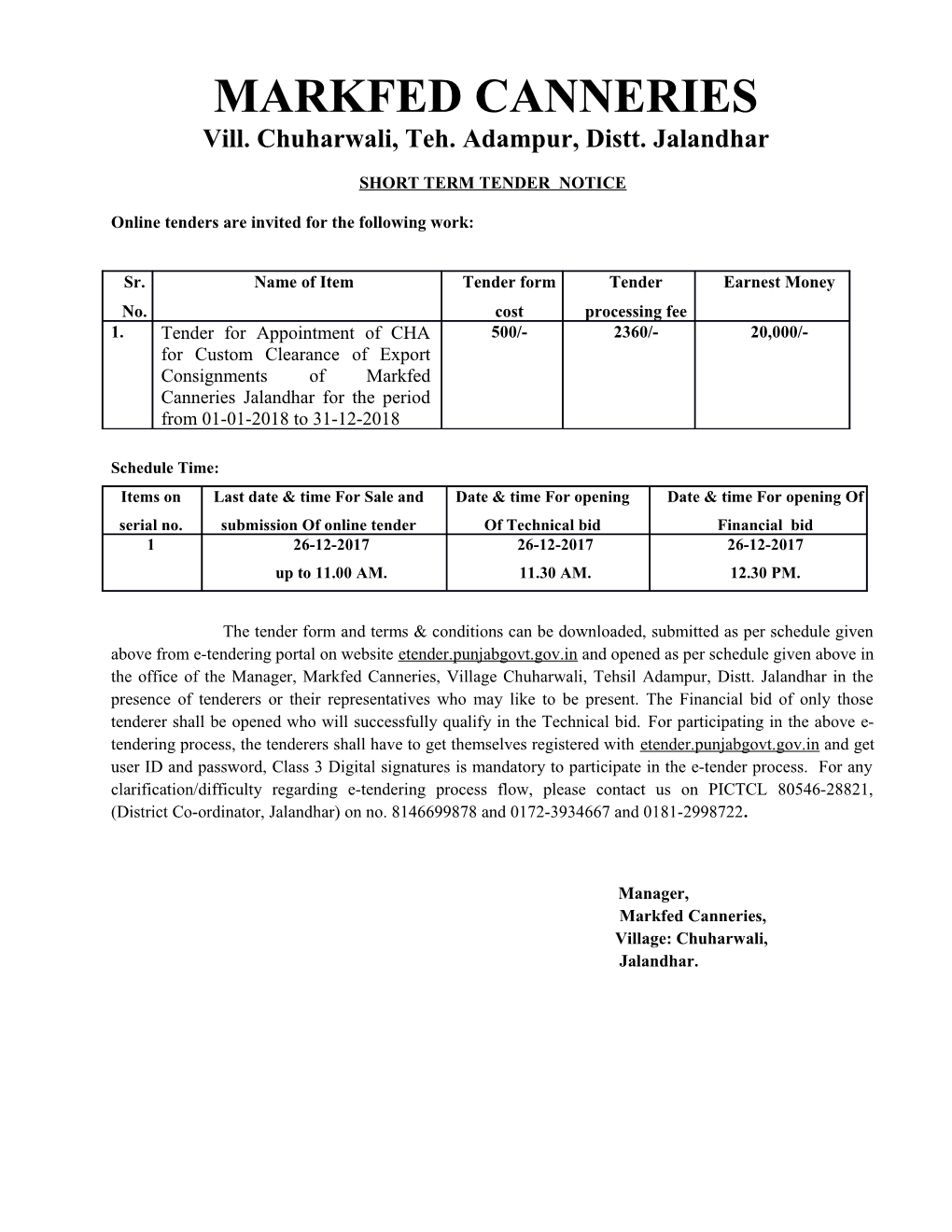 Short Term Tender Notice