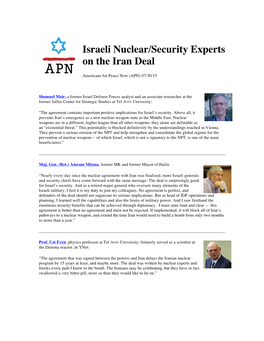 Israeli Nuclear/Security Experts on the Iran Deal